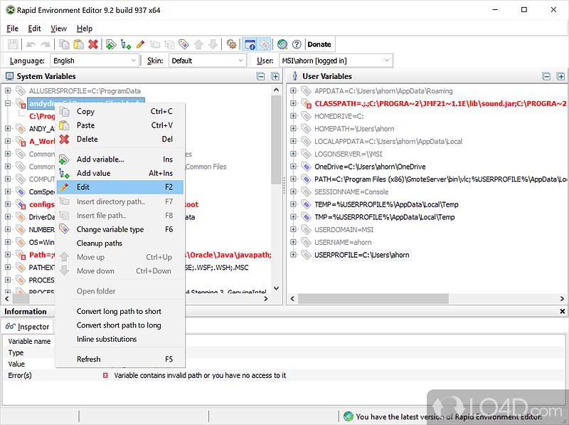 Freeware Windows environment variables editor - Screenshot of Rapid Environment Editor