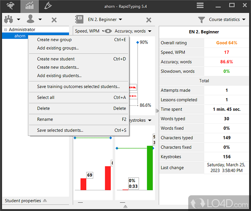 Animated screen that moves forward every time you click the correct letter - Screenshot of Rapid Typing Tutor