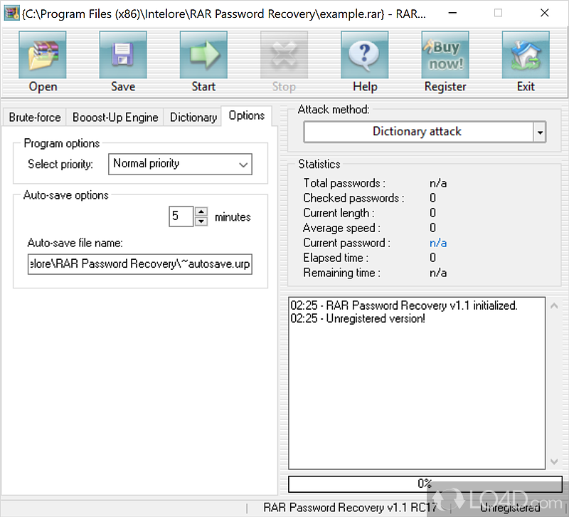 Recover lost or forgotten passwords to the RAR/WinRAR archives - Screenshot of RAR Password Recovery