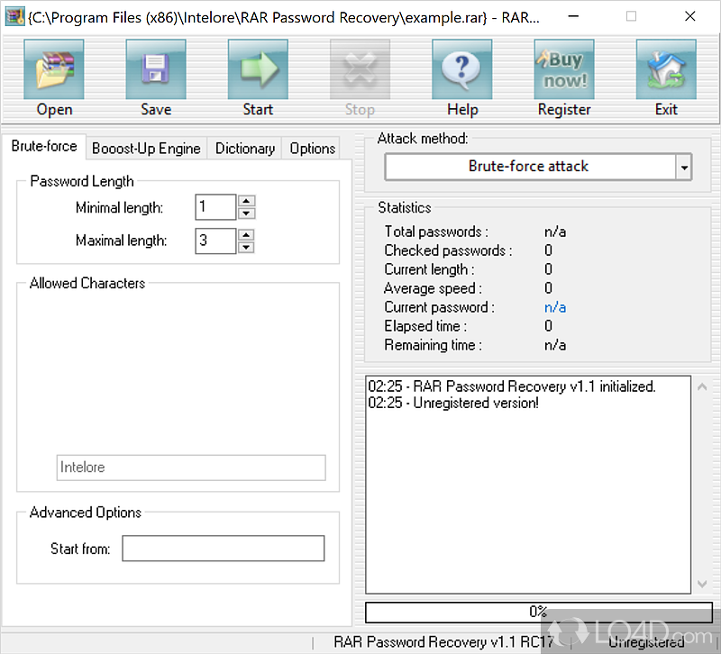 Recover lost or forgotten RAR passwords with this app that packs several functions that can come in - Screenshot of RAR Password Recovery