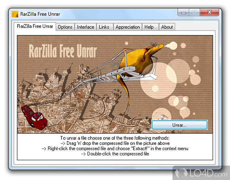 Decompress RAR archives by drag and dropping them, double clicking them or from the shell-integrated context menu - Screenshot of RarZilla Free Unrar
