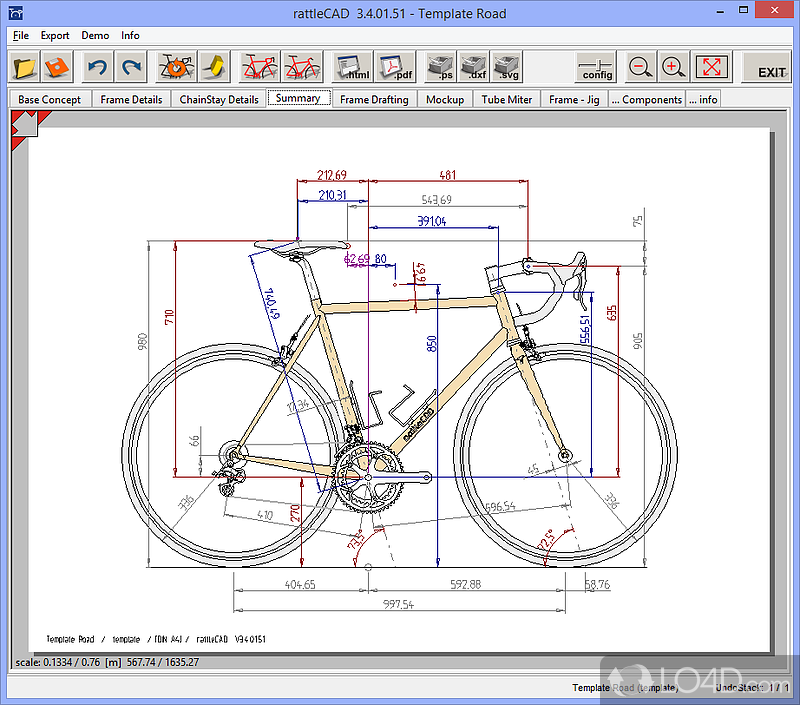 Create a bicycle's geometry while picking various elements from different preset system components - Screenshot of rattleCAD