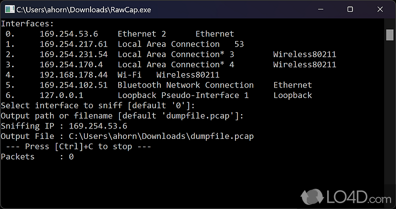 Network sniffer which captures traffic and saves it to a pcap file - Screenshot of RawCap