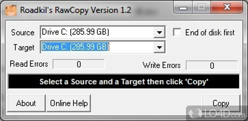 Performs sector by sector disk transfer with data recovery - Screenshot of RawCopy
