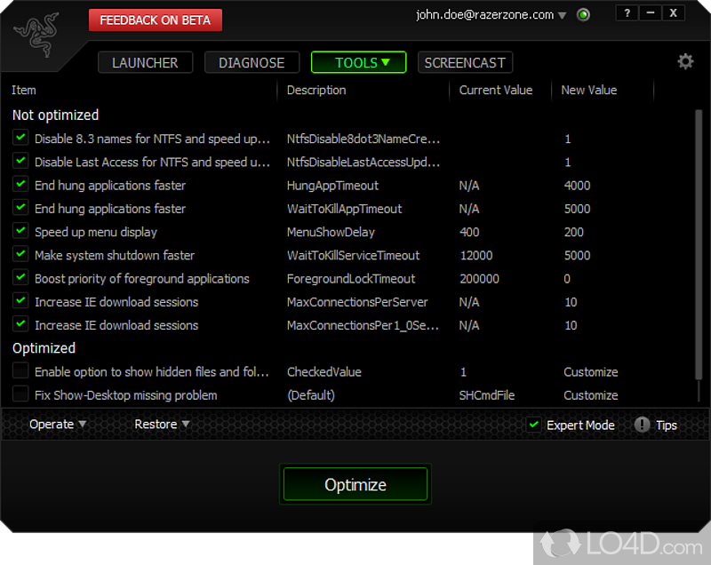 Make sure games are running at peak performance by tweaking Windows registry keys - Screenshot of Razer Game Booster