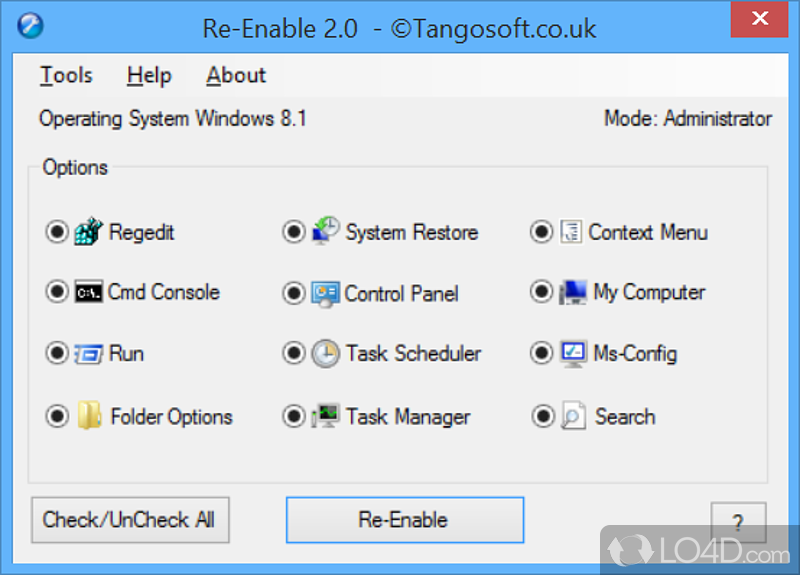 Recovers Windows registry damage caused by malware - Screenshot of Re-Enable Portable