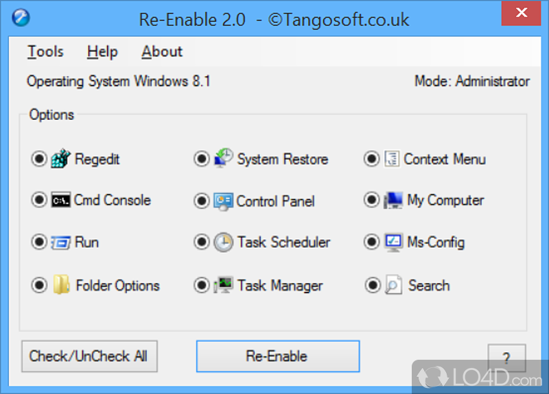 A free Software utilities program for Windows - Screenshot of Re-Enable