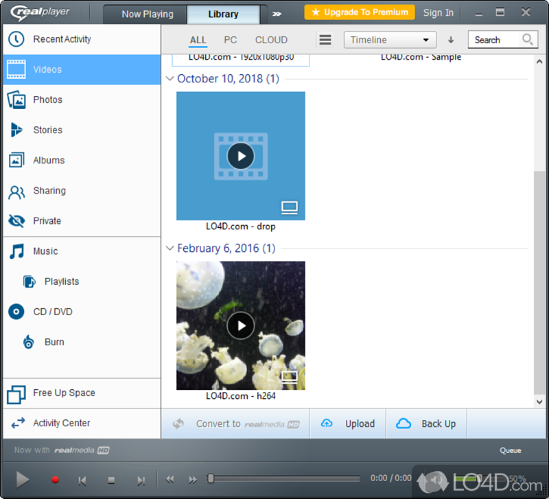 Organize media files in a dedicated Cloud storage space, play clips - Screenshot of RealPlayer