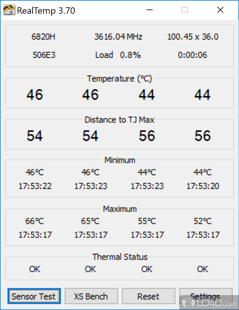 Monitor processor temperature, run sensor benchmarks, enable system tray notifications, log activity to file - Screenshot of RealTemp