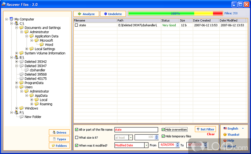 Recover Files: User interface - Screenshot of Recover Files