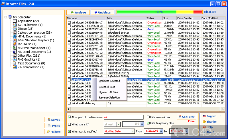 Restore fiels after have been deleted - Screenshot of Recover Files