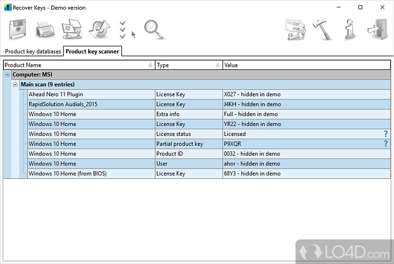 Retrieve the serial keys for the software programs installed on computer, all thanks to this app - Screenshot of Recover Keys