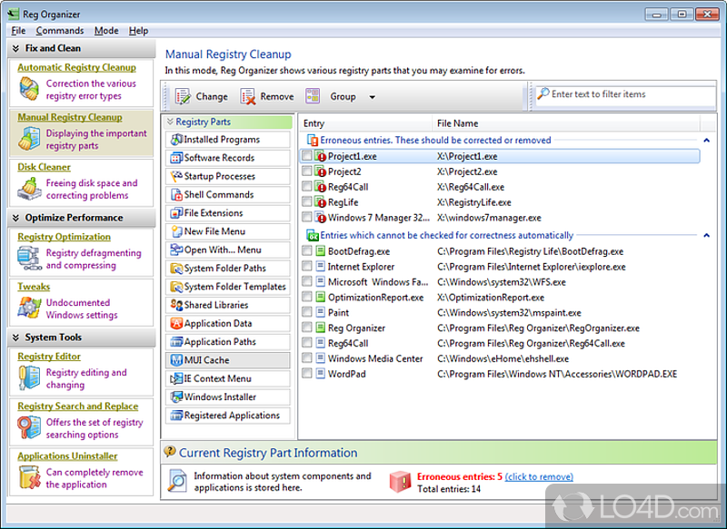 Designed to edit, and maintain registry, fix errors in the system and improve computer performance - Screenshot of Reg Organizer