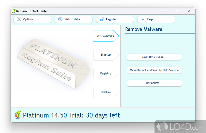 Powerful toolkit against Trojans, rootkits, spyware, adware components that also bundles startup optimization - Screenshot of RegRun Security Suite Platinum