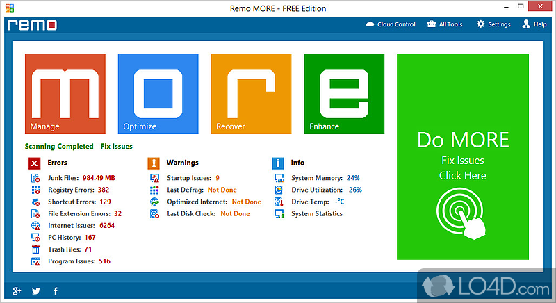 Provides many tools for optimizing and cleaning system - Screenshot of Remo MORE