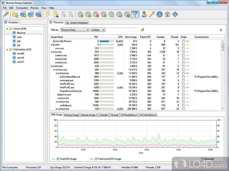 Monitor all running processes on a local or remote computer in real time, view extra details about them, kill processes - Screenshot of Remote Process Explorer