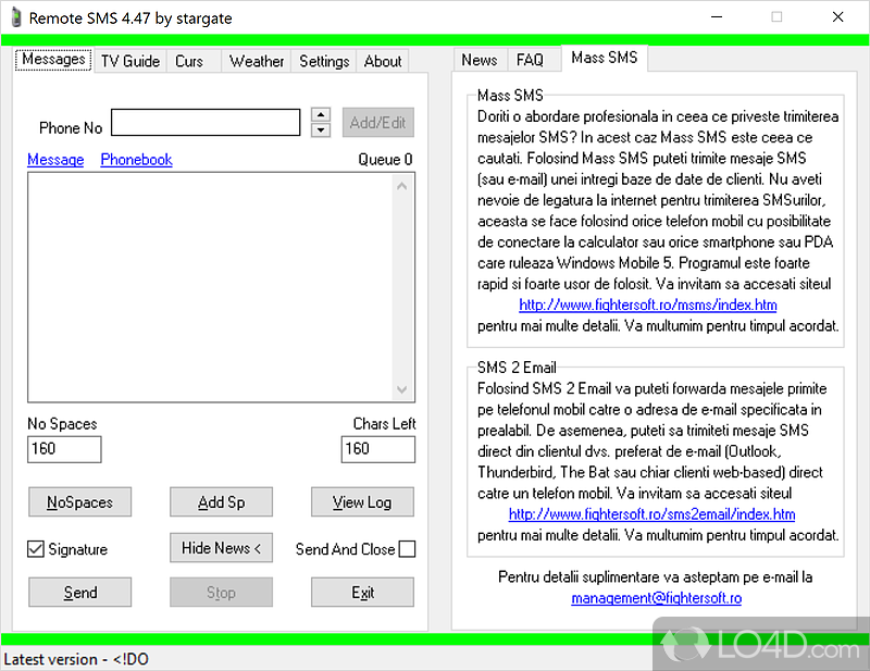 Program which can send SMSs to multiple people, view the weather forecast, bring up the TV guide - Screenshot of Remote SMS