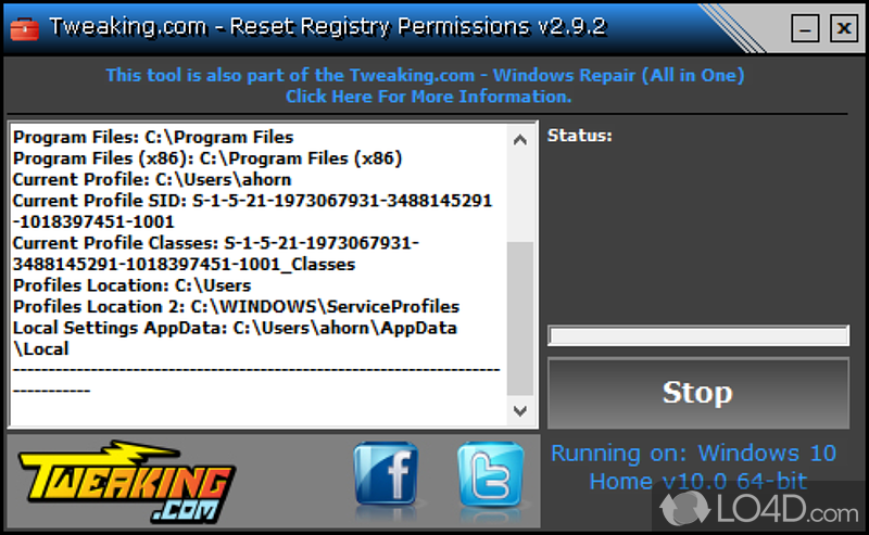Reset Registry Permissions: User interface - Screenshot of Reset Registry Permissions