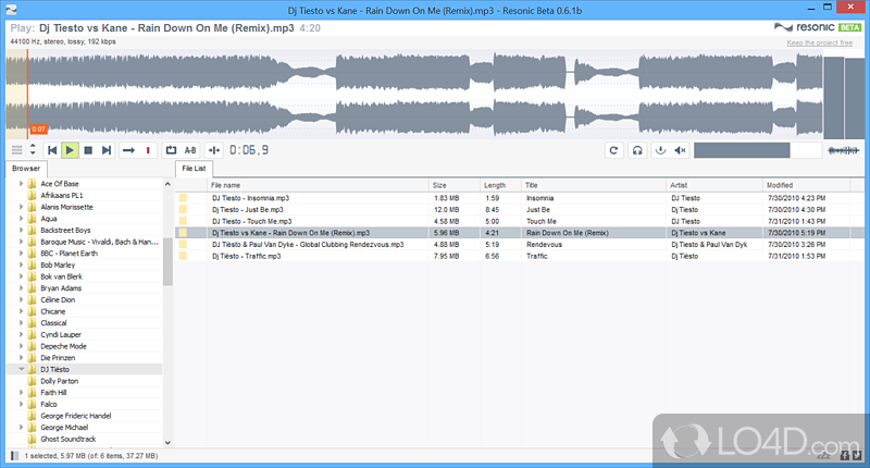 Audio player that can enjoy listening to music, while offering quick access to the files - Screenshot of Resonic