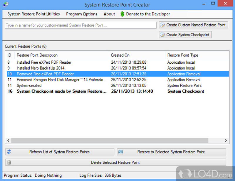 Create and delete system restore points to restore Windows to a previous state without affecting personal files - Screenshot of Restore Point Creator