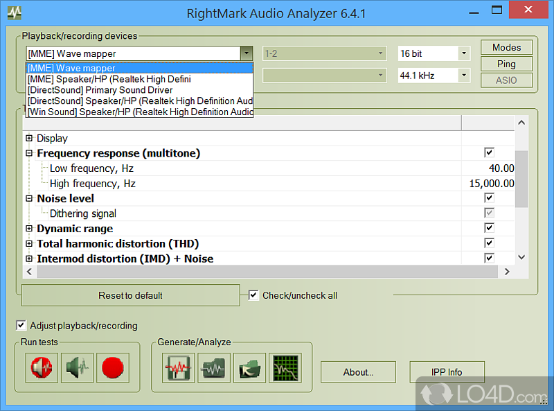 Provides benchmarking tools for connected audio devices - Screenshot of RightMark Audio Analyzer