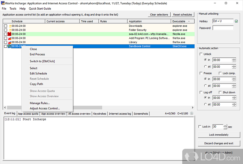 Control application access - Screenshot of RiteVia Incharge