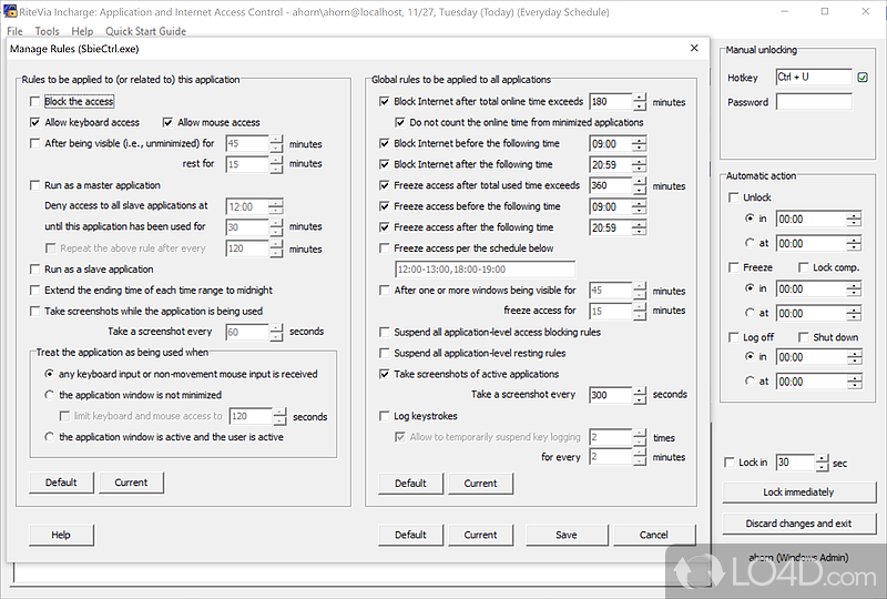 Restrict access to the Internet - Screenshot of RiteVia Incharge