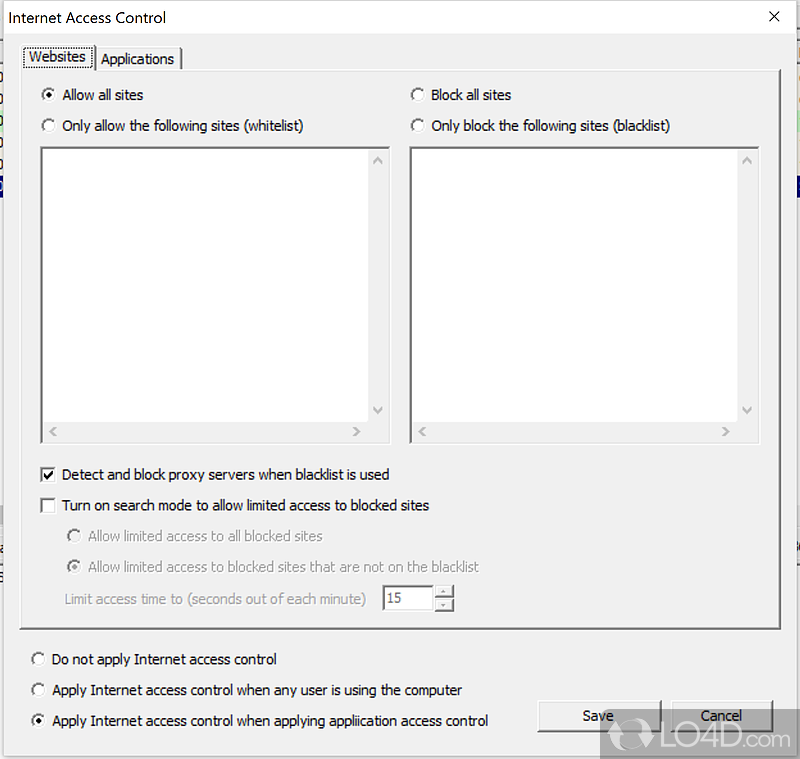 Manage (allow or block) the access to internet per application - Screenshot of RiteVia Incharge