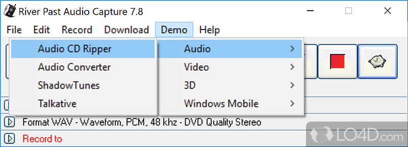 Record audio from sound card or DV cam to AIF, AVI, MKA, MP3, OGG, WAV, WMA, M4A - Screenshot of River Past Audio Capture