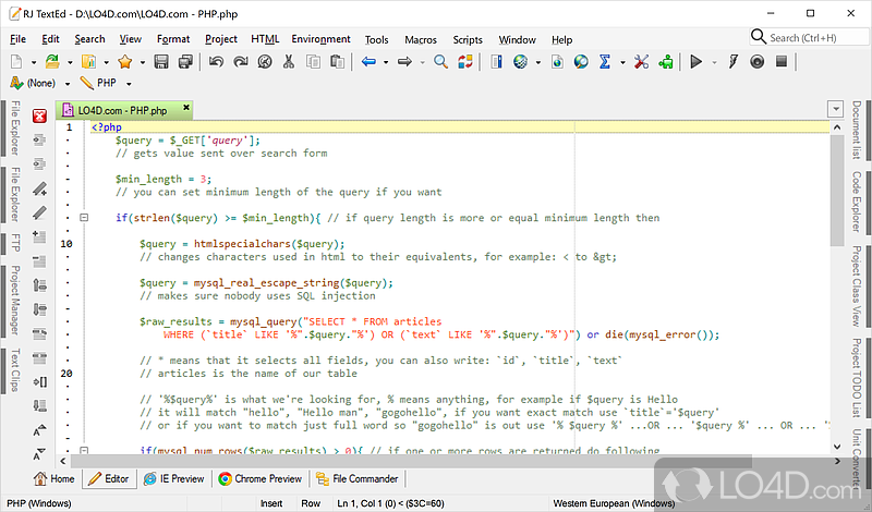 Text and source editor that offers support for Unicode, C++, C#, Java, JavaScript, ASP, Perl and others - Screenshot of RJ TextEd