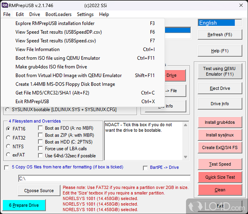 Complex user interface - Screenshot of RMPrepUSB