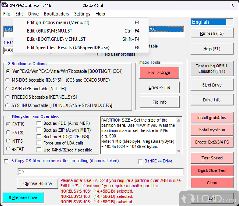 Format your USB drive and copy OS files onto the device - Screenshot of RMPrepUSB