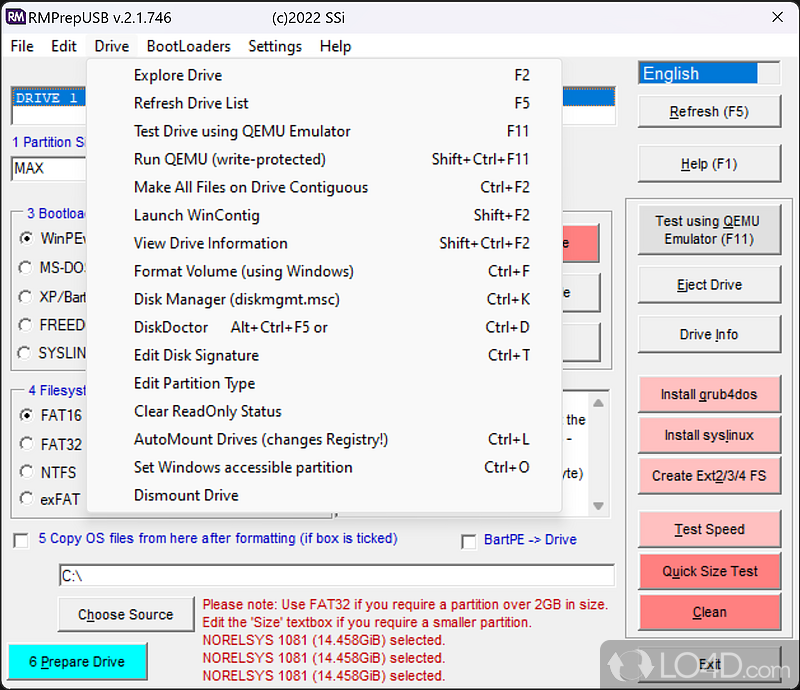 An effective bootable disk creator - Screenshot of RMPrepUSB