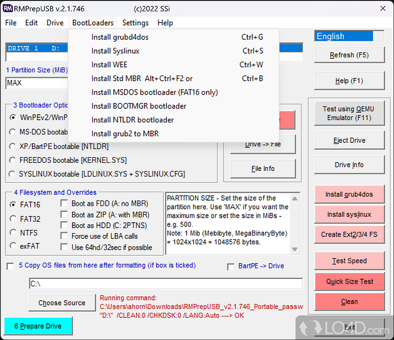Complex program to create bootable USB drive - Screenshot of RMPrepUSB