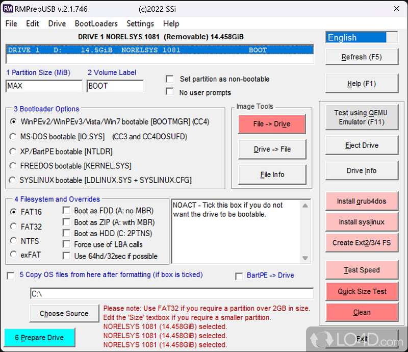 Piece of software that use to format a USB drive in order to create a bootable disk - Screenshot of RMPrepUSB