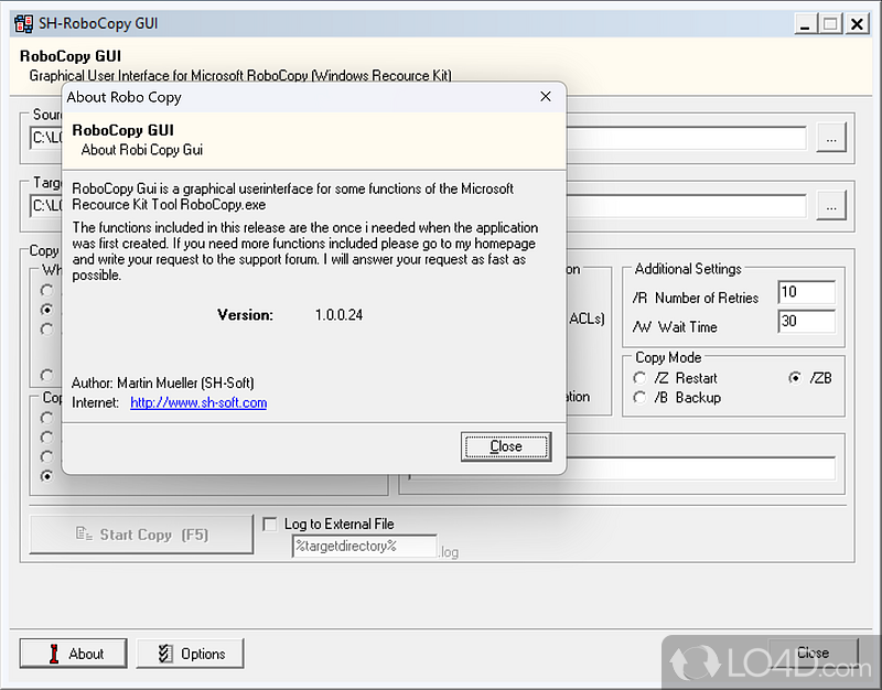 Configure several settings from RoboCopy's GUI - Screenshot of RoboCopy GUI