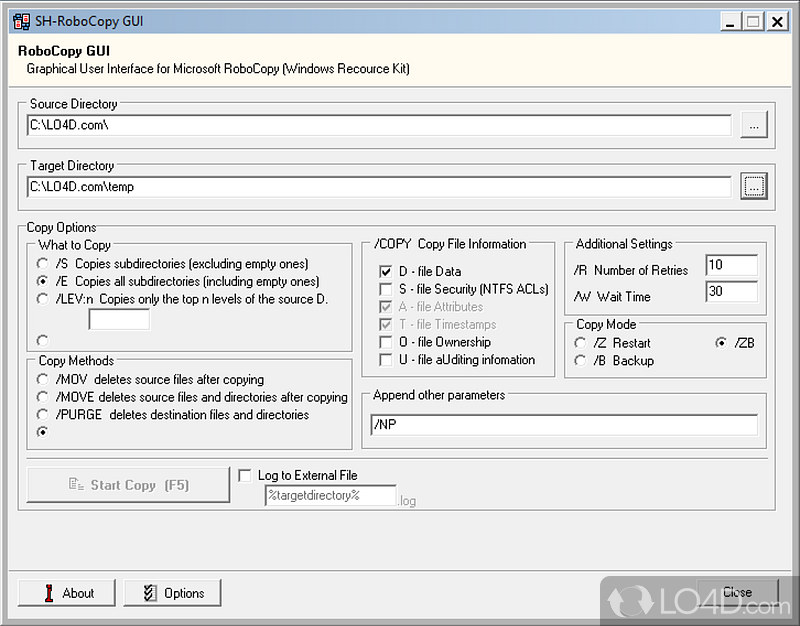 Graphical user interface for robocopy CLI app that gives you full control over the program's features - Screenshot of RoboCopy GUI