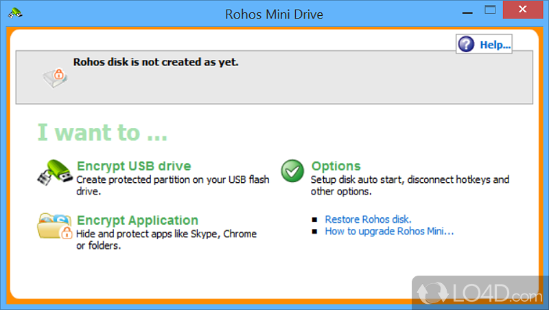Creates hidden and protected partitions on the USB flash drive, allows you to protect apps or folders, or create backups - Screenshot of Rohos Mini Drive
