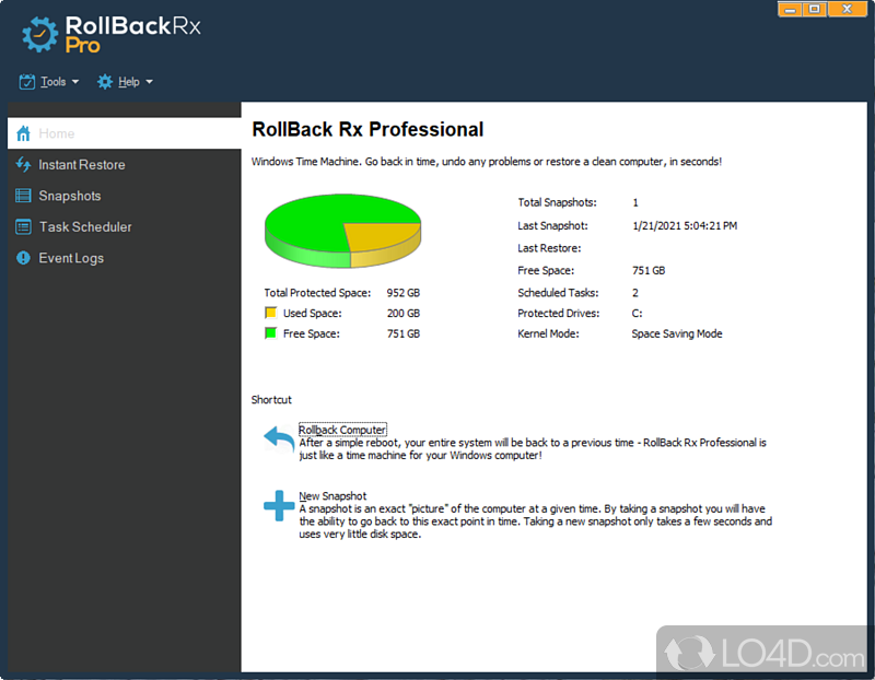 Create system snapshots on demand or on a schedule, ensuring return computer to a previous state or recover deleted files - Screenshot of RollBack Rx Professional