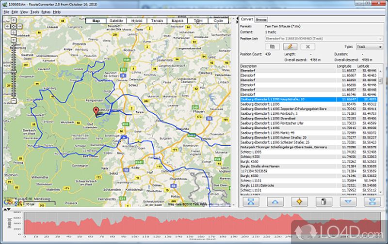 Convert and edit GPS data with this utility, which offers support for GPX, TRK, CSV, KML, TRK, KRT, or plain text file format - Screenshot of RouteConverter