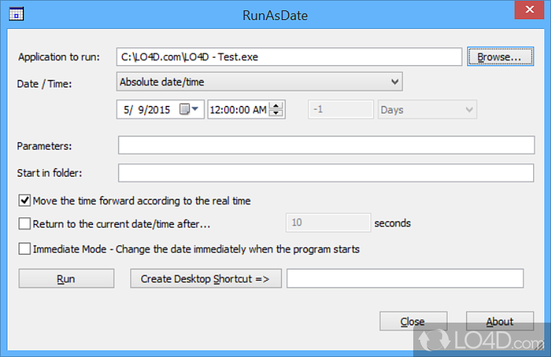 Run a program in the date and time that you specify, using low system resources - Screenshot of RunAsDate