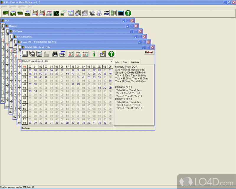 Software solution designed to enable you to access PCI, Memory, I/O, Super I/O, Clock, SPD, SMBus, MSR, ATA, ACPI, EC - Screenshot of RW - Read & Write Utility