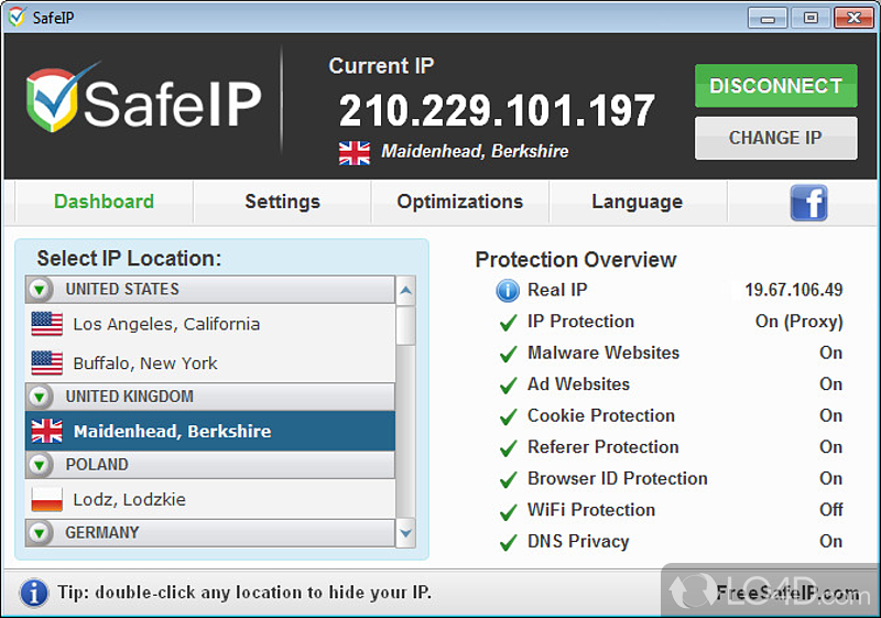 Software solution designed mainly to protect online identity, by providing you with a number of IP addresses to switch between - Screenshot of SafeIP