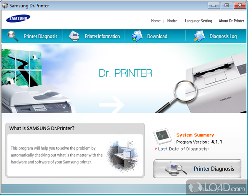 Provides troubleshooting, updates and drivers for Samsung printers - Screenshot of Samsung Dr. Printer