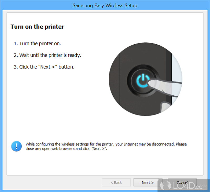 Connect to and configure wireless networks with printers - Screenshot of Samsung Easy Wireless Setup