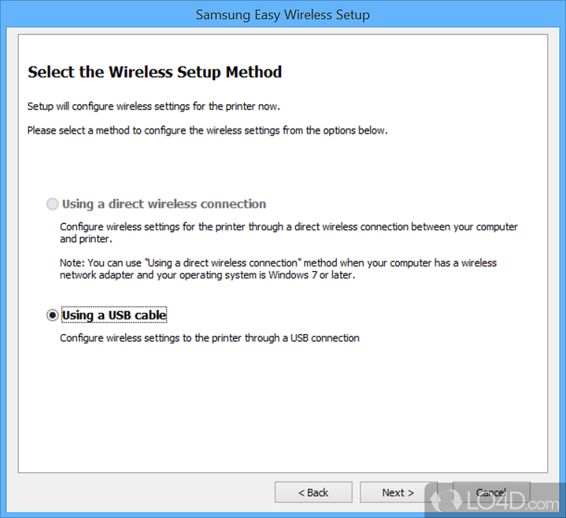 Samsung Easy Wireless Setup: User interface - Screenshot of Samsung Easy Wireless Setup