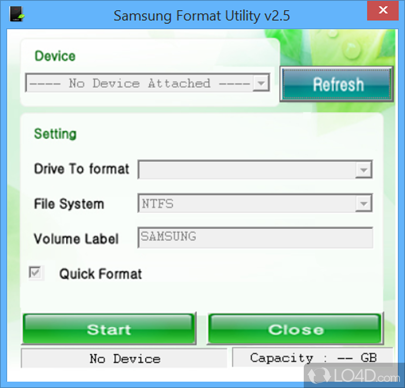 Small-sized and utility for formatting Samsung external hard disk drives in normal or quick mode - Screenshot of Samsung Format Utility