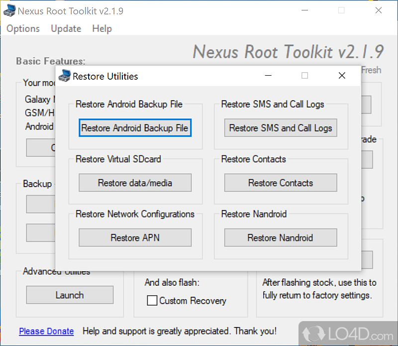 Wizard-like GUI and creating a backup - Screenshot of Nexus Root Toolkit