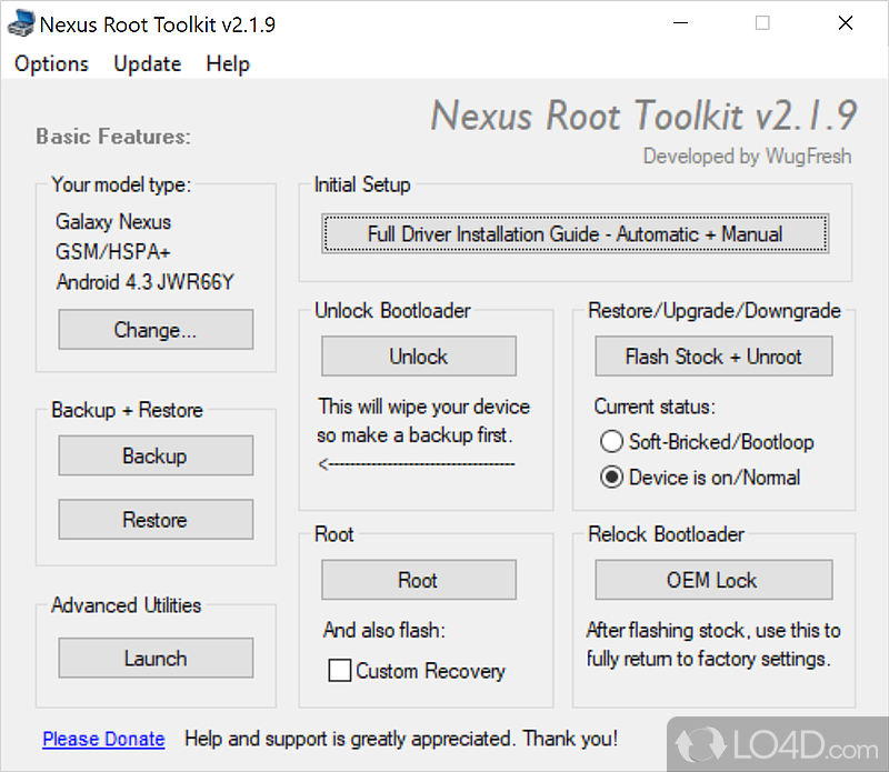 Mostly dedicated to power users, this app lets you unlock, root, relock - Screenshot of Nexus Root Toolkit
