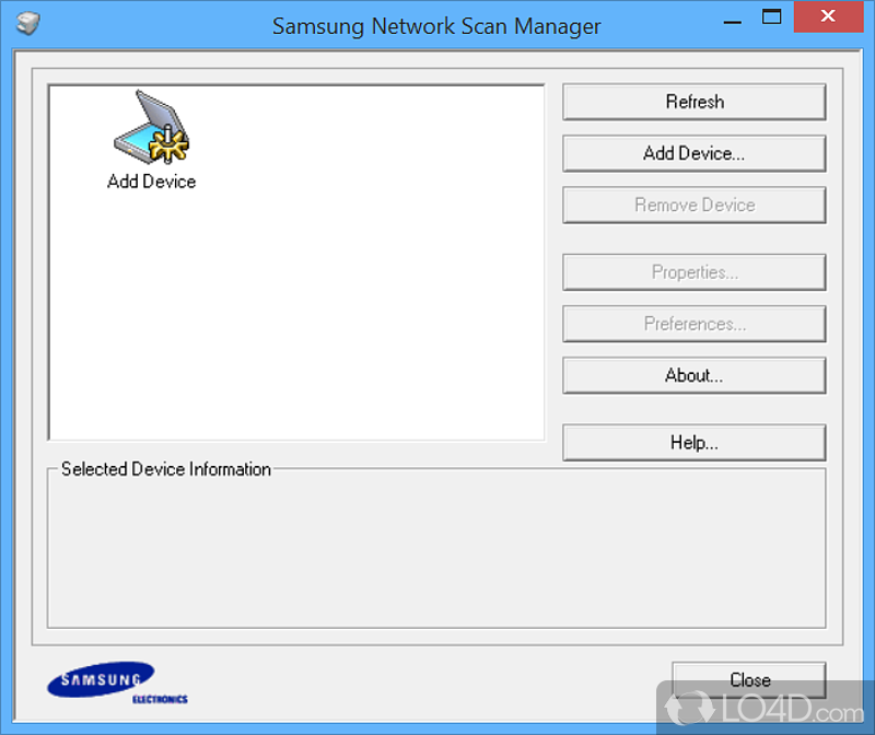 Means of scanning network to view the properties for the connected Samsung imaging devices currently available in the Intranet - Screenshot of Samsung Network Scan Manager